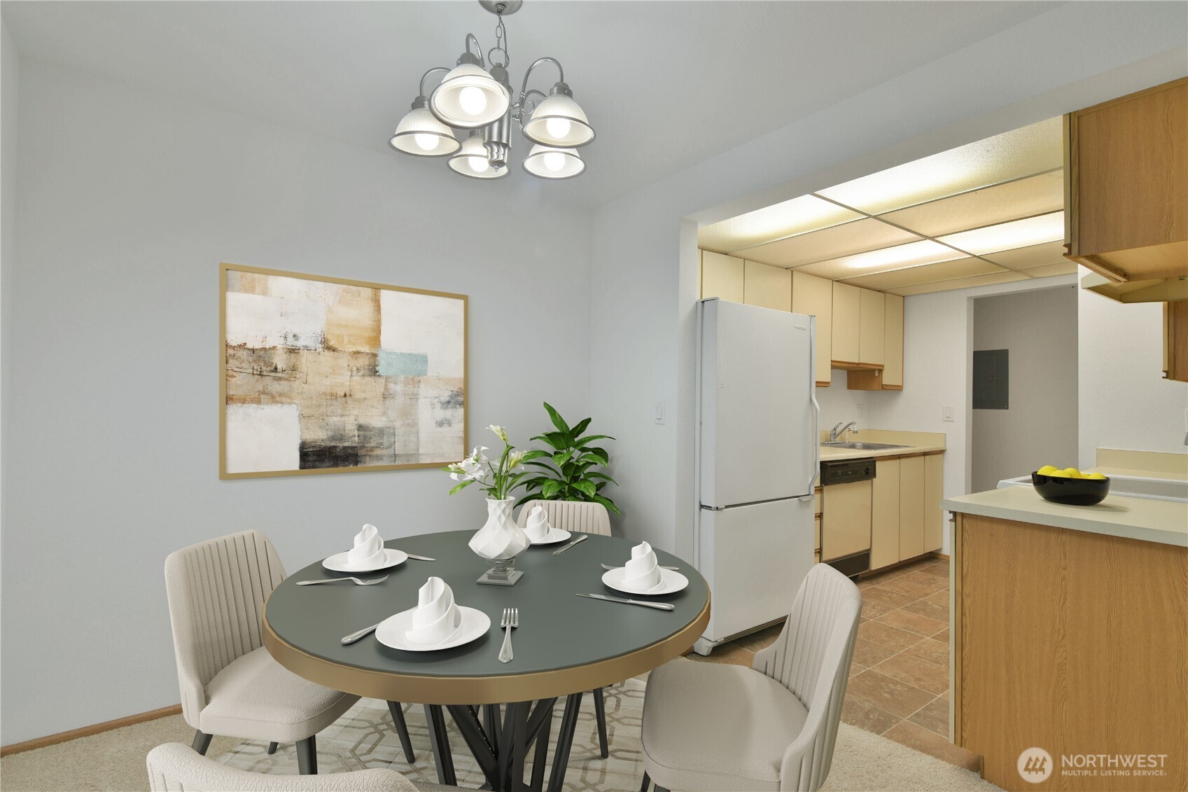 700 North 160th Street, Unit A314 Shoreline, WA 98133 - Photo 6 of 22 a dining room with furniture a kitchen wooden floor and a chandelier