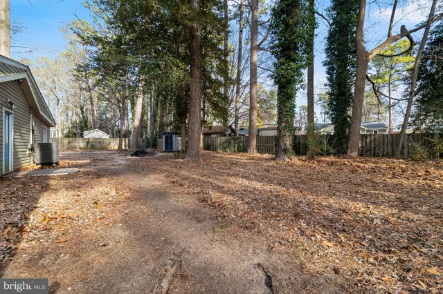 a backyard of a house with large trees and outdoor space