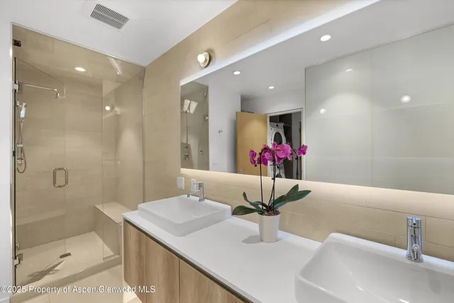 a bathroom with a sink shower and a mirror