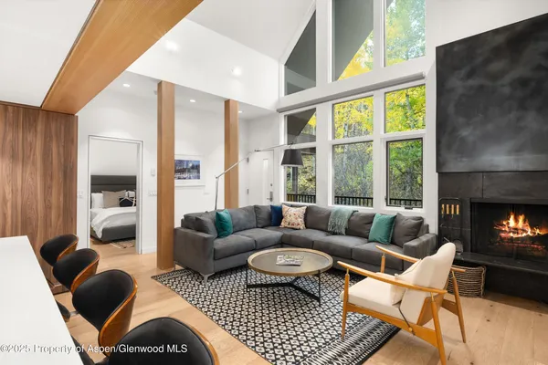 a living room with furniture and a fireplace