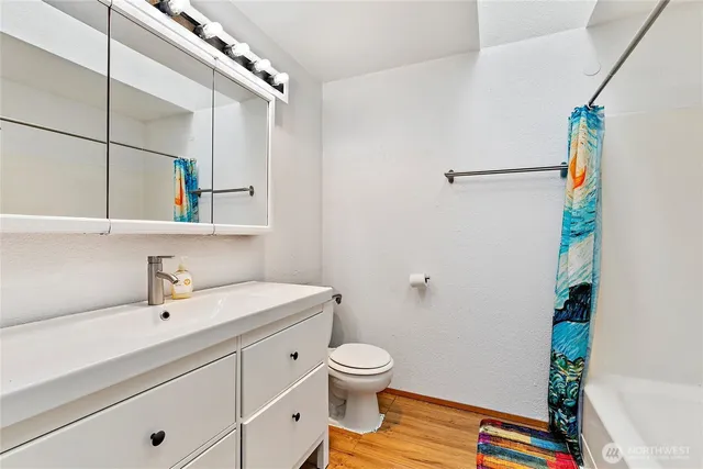 a bathroom with a sink a toilet and shower curtain