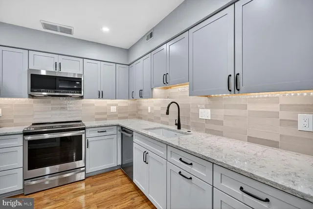 a kitchen with kitchen island granite countertop a sink stainless steel appliances and white cabinets