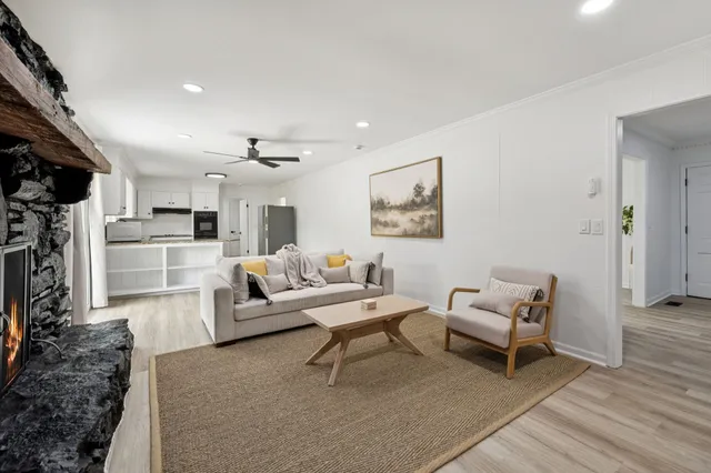 a view of a garden with a building in the background