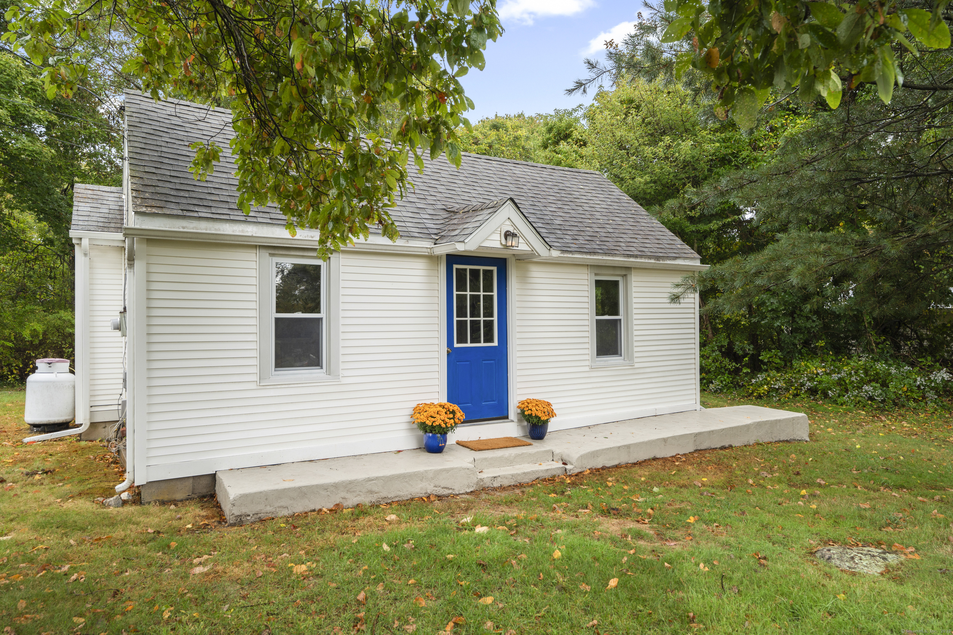 a view of a house with backyard and garden