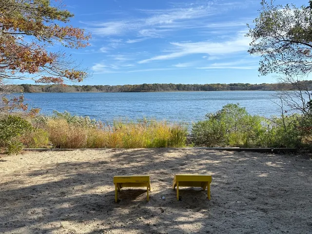 a view of a lake with a yard