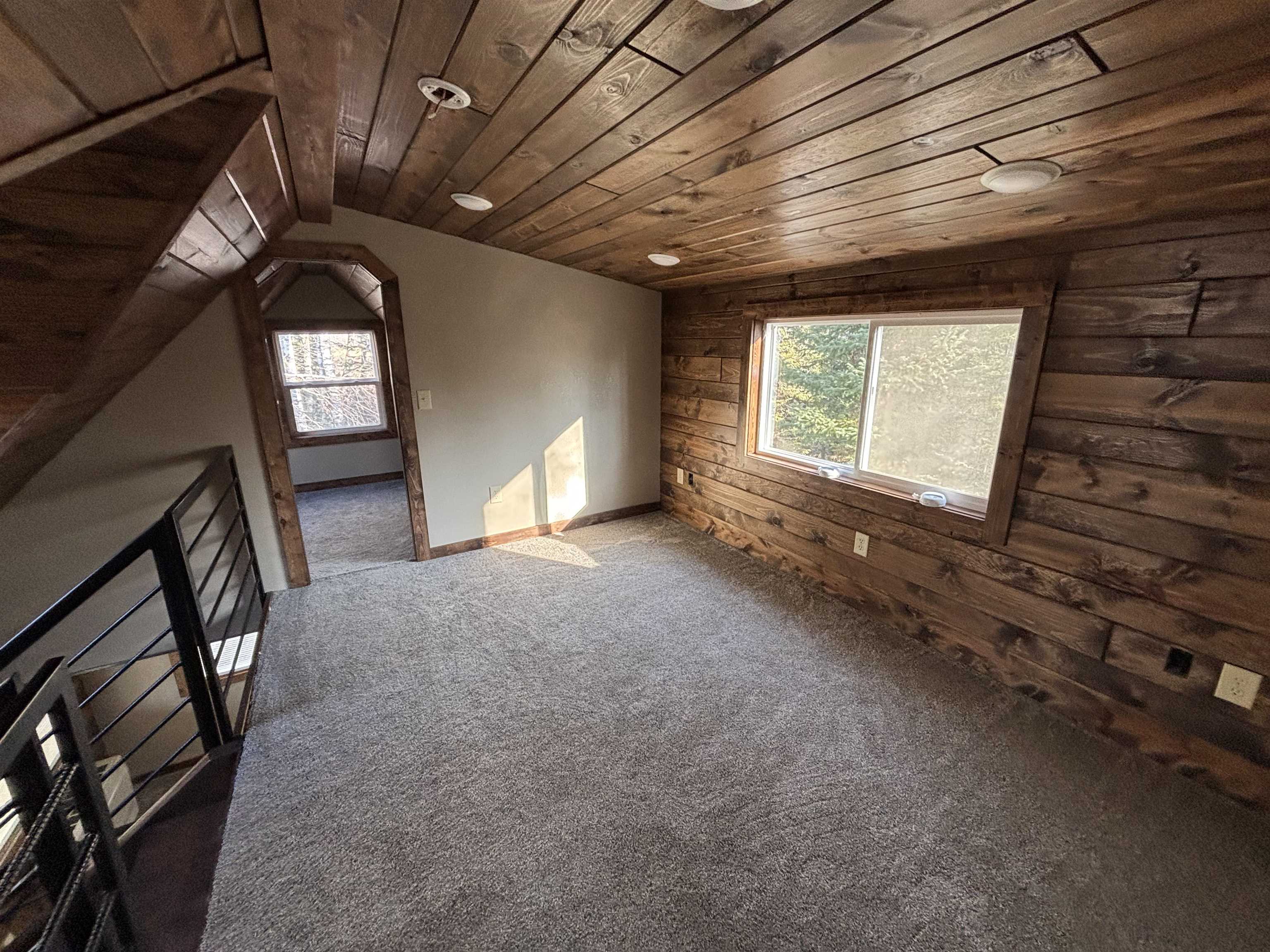 3746 South Hughes Road Hibbing, MN 55746 - Photo 9 of 10 Additional living space with wooden walls, wood ceiling, dark colored carpet, and lofted ceiling