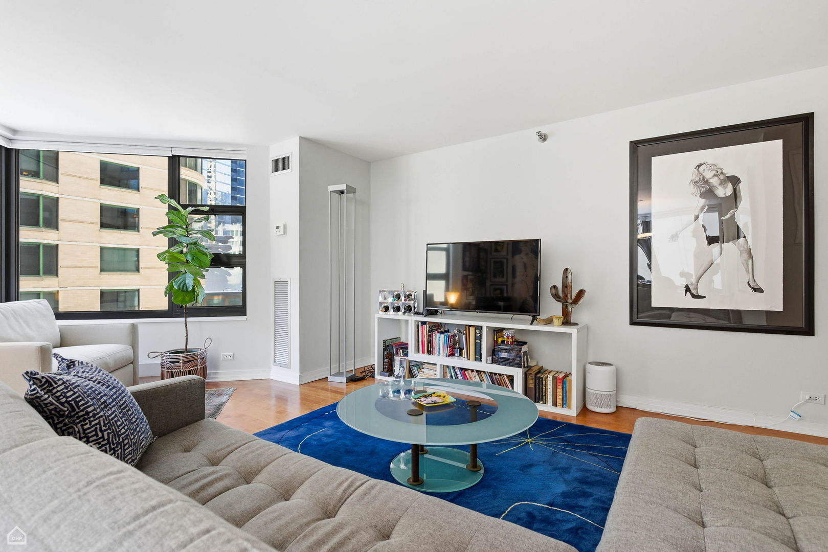 401 East Ontario Street, Unit 710 Chicago, IL 60611 - Photo 9 of 36 a living room with furniture and a flat screen tv