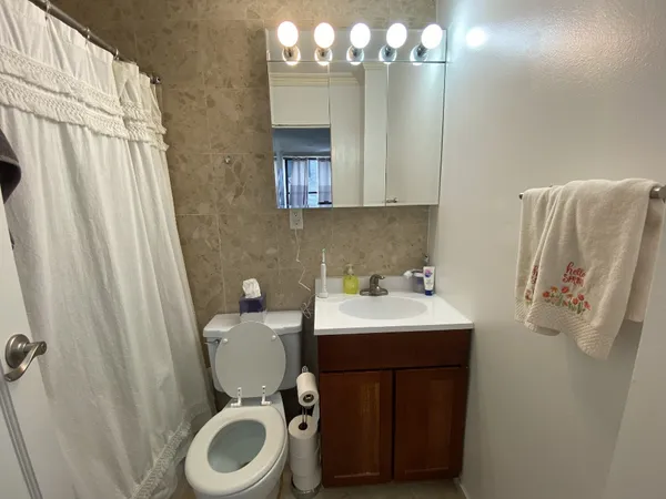 a bathroom with a sink a toilet and a mirror