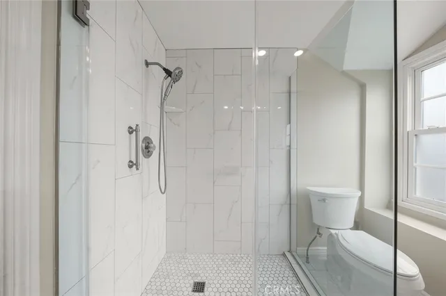 a bathroom with a shower and toilet