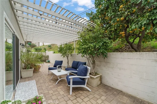 a view of a patio with couple of chairs and a potted plant