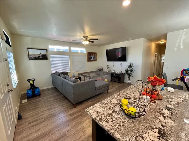 a living room with furniture and a potted plant