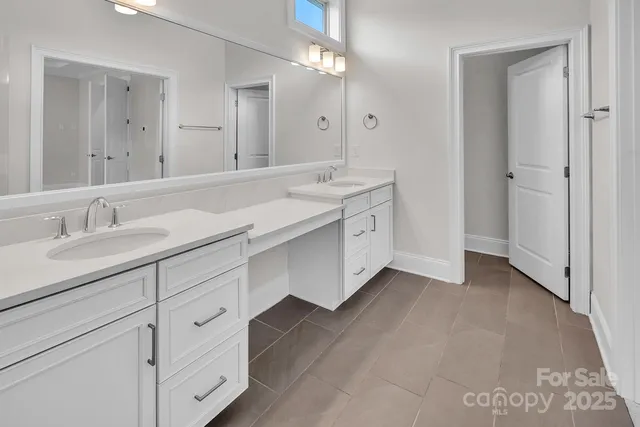 a bathroom with a double vanity sink and mirror