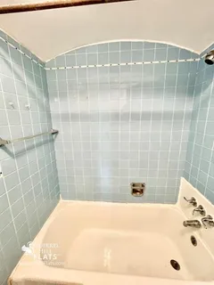 a bathroom with a bathtub and shower