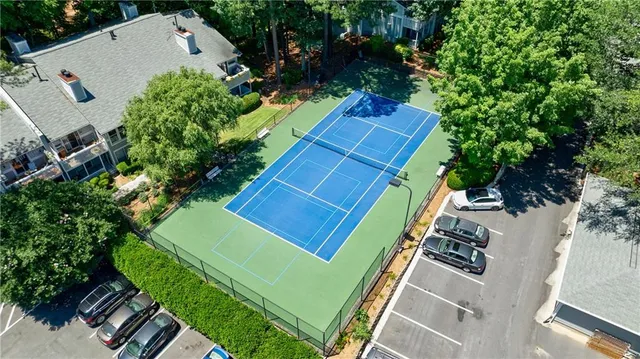 an aerial view of a backyard