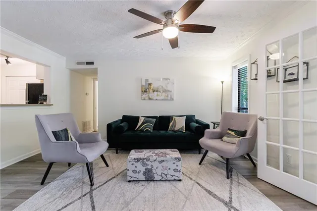 a living room with furniture and a rug
