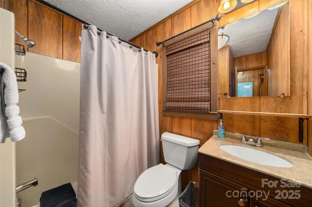 a bathroom with a sink a toilet and shower curtain