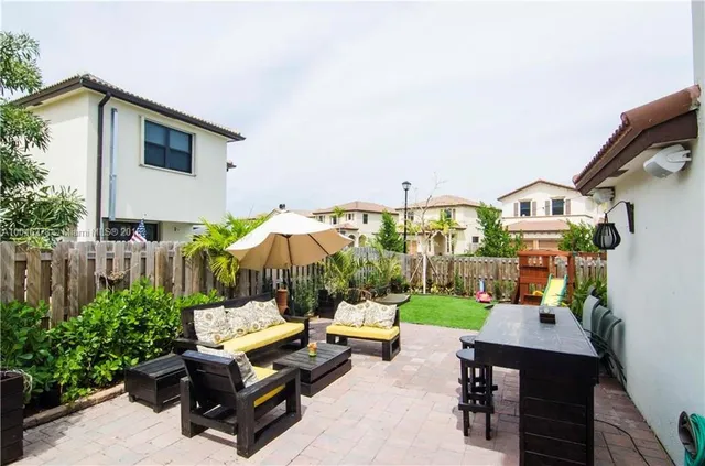 a backyard of a house with table and chairs