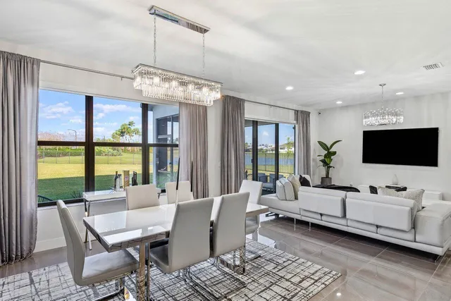 a view of a dining room with furniture window and outside view