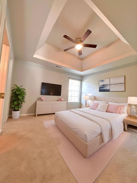4350 Defoors Farm Trail Powder Springs, GA 30127 - Photo 24 of 47 a bedroom with a large bed and a ceiling fan
