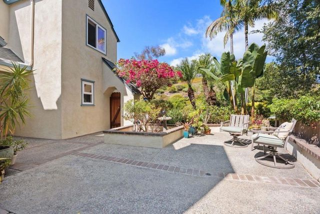 a view of a backyard with plants and a patio