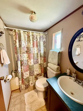 a bathroom with a sink mirror vanity and toilet