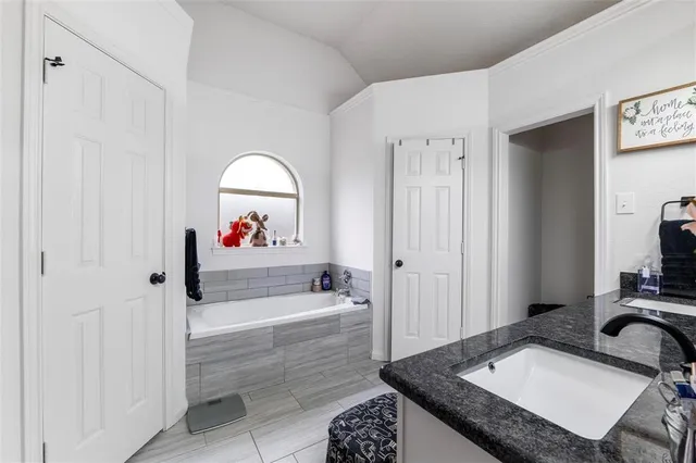 a bathroom with a granite countertop tub sink and mirror