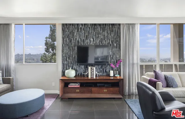 a living room with furniture a rug potted plant and a large window
