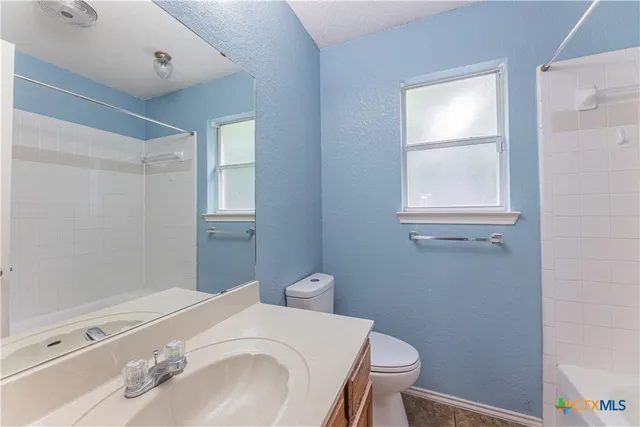 a bathroom with a sink a toilet and a mirror