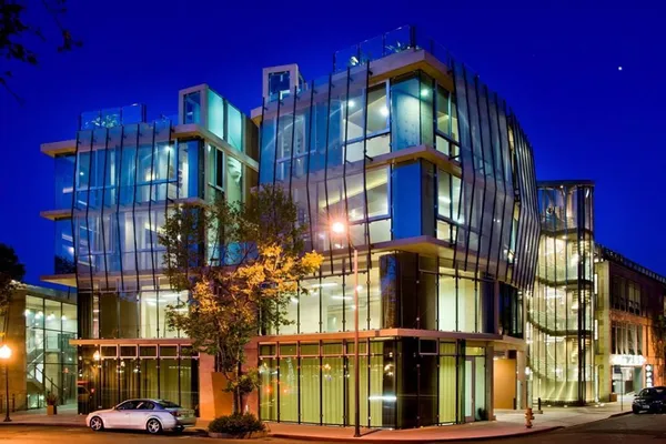 front view of a building with a street