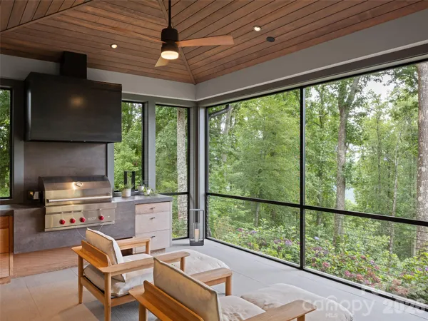 a work room with large windows