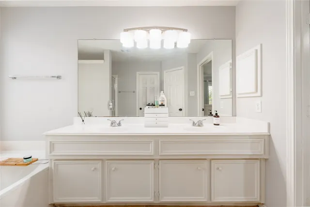 a bathroom with a sink vanity and a mirror