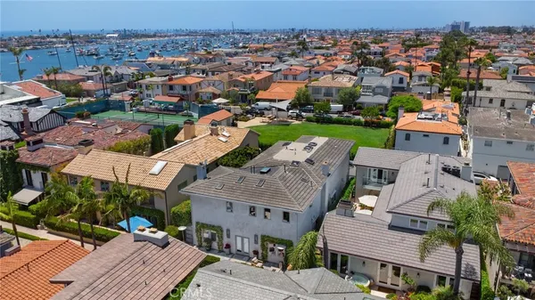 an aerial view of a house with a garden