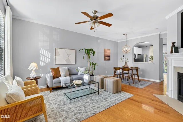 a living room with furniture a rug and a ceiling fan