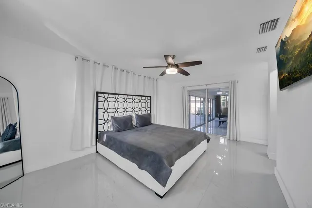 a bedroom with a large bed and a tv