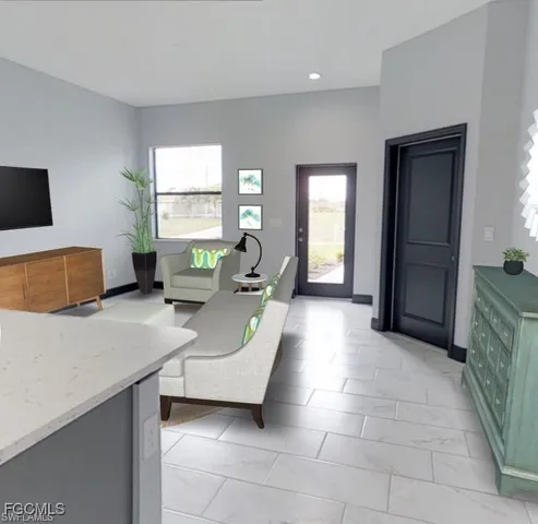 a living room with furniture and large windows