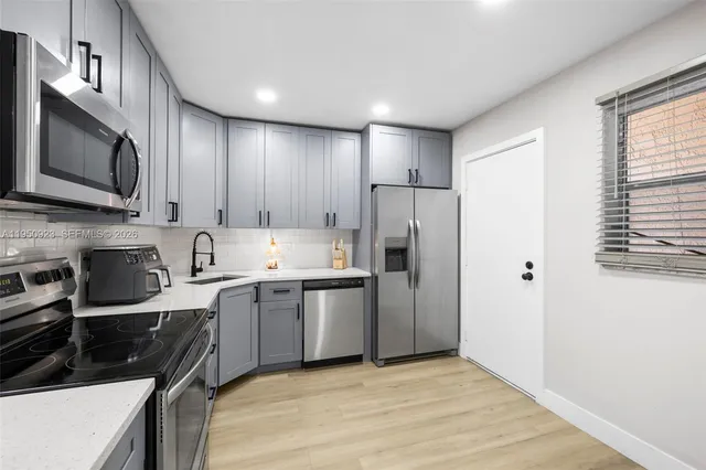 a kitchen with stainless steel appliances a stove a sink a refrigerator a microwave and cabinets