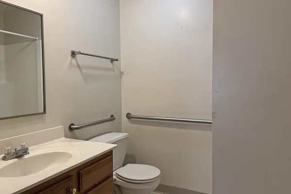 a bathroom with a sink a toilet and mirror