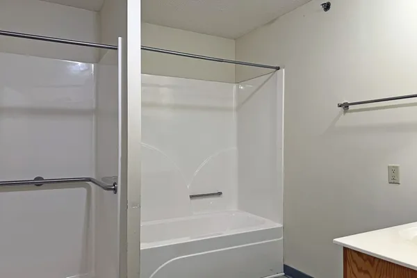 a bathroom with a bathtub and a shower