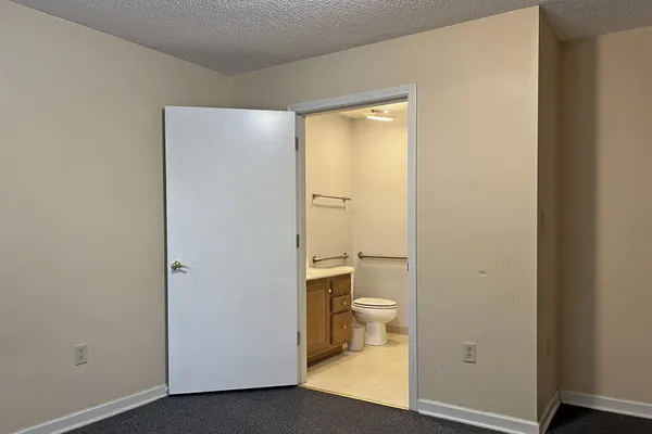 a bathroom with a granite countertop toilet and a sink