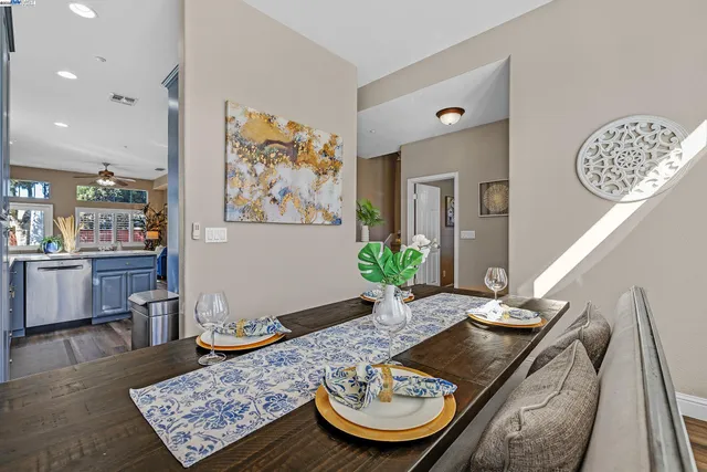 a view of a dining room with furniture