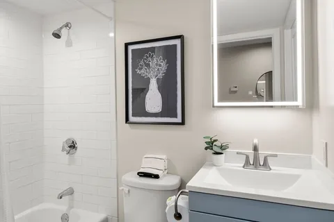 a bathroom with a sink a mirror and a shower