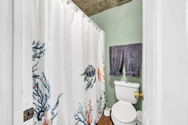 a white toilet sitting next to a shower curtain