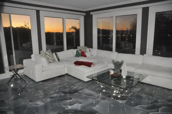 a dining room with furniture and a bathroom