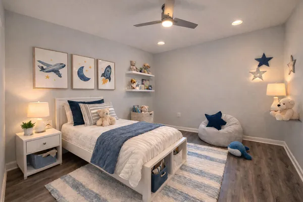 a bedroom with a bed and ceiling fan