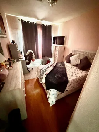 a bedroom with bed tv and window