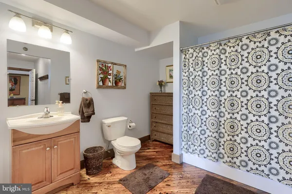 a bathroom with a toilet sink and mirror