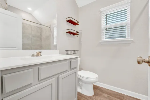 a bathroom with a sink a toilet and a mirror