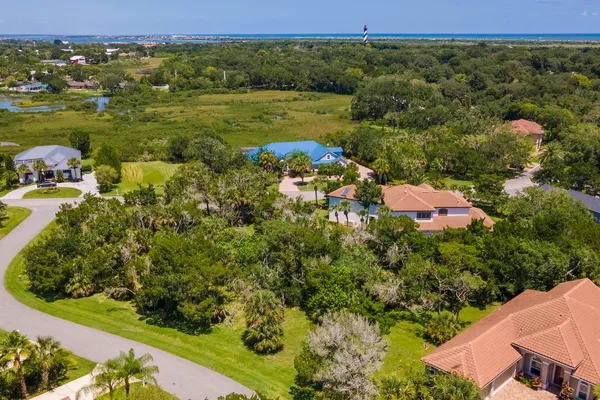 an aerial view of residential houses with outdoor space and trees