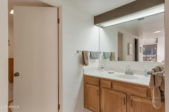 a bathroom with a sink and a mirror