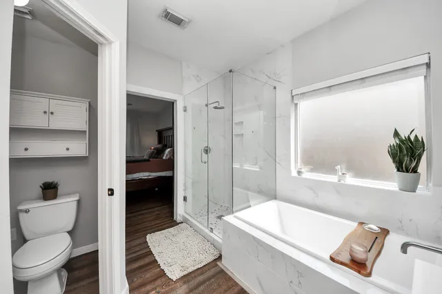 a bathroom with a toilet and a bathtub